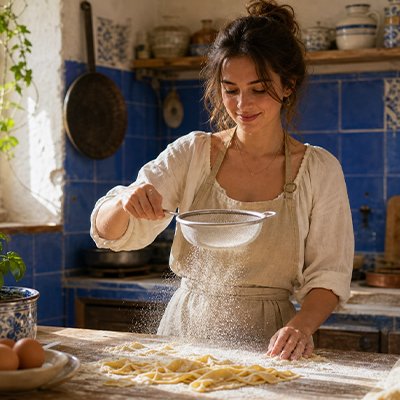 Saupoudrage ingrédients secs avec Tamis sur pâte