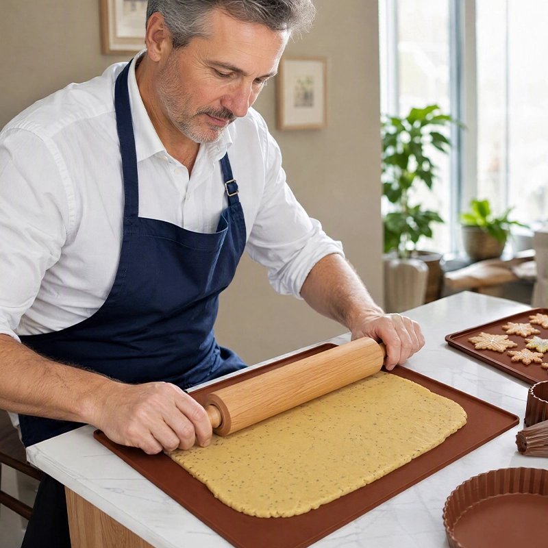  Abaisse pâte  avec rouleau sur Tapis de cuisson marron