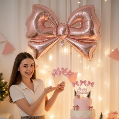 Décoration gateau anniversaire  avec ballon mylar rose brillant