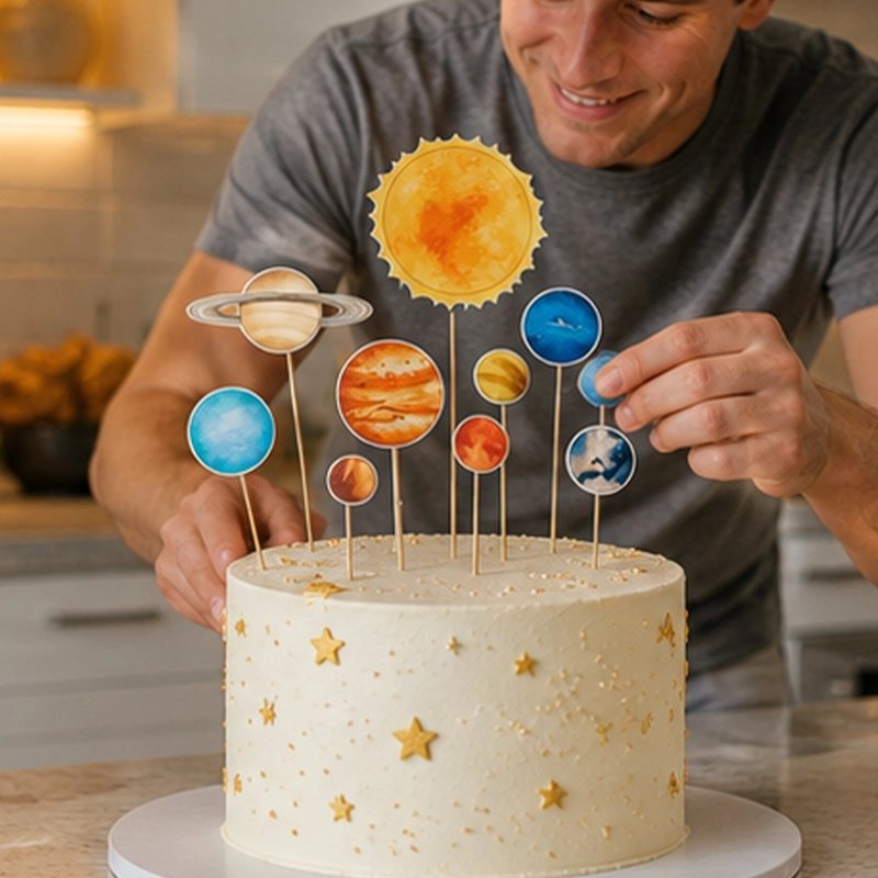 Décoration gateau anniversaire avec éléments du système solaire 