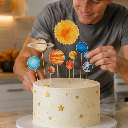 Décoration gateau anniversaire avec éléments du système solaire 