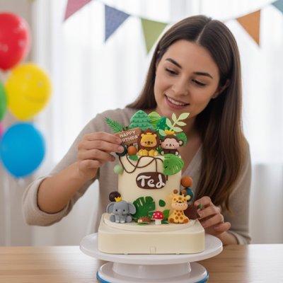 Décoration gateau anniversaire avec feuillages et animaux sauvages