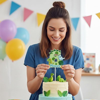Décoration gateau anniversaire avec feuille de palmier dinosaure