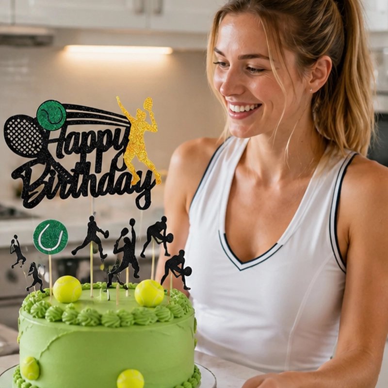 Décoration gateau anniversaire avec figurines de joueurs tennis noirs