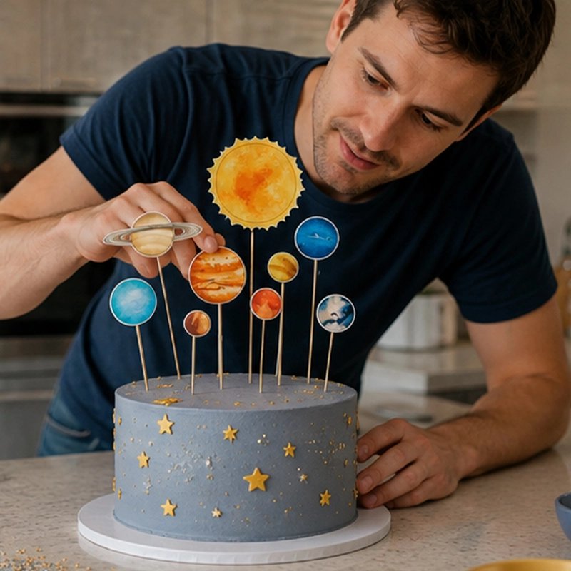Décoration gateau anniversaire avec figurines du système solaire complet