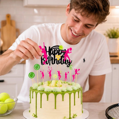 Décoration gateau anniversaire avec figurines silhouettes joueuses tennis roses