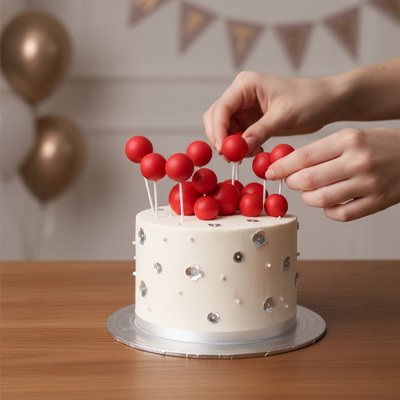 Décoration gateau anniversaire avec mini boules décoratives rouges