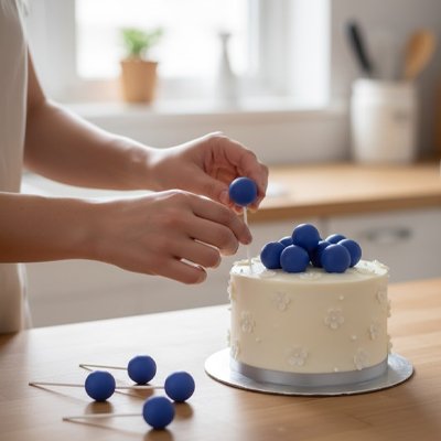 Décoration gateau anniversaire avec mini boules décoratives bleues