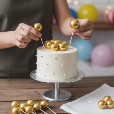 Décoration gateau anniversaire avec mini boules décoratives or 
