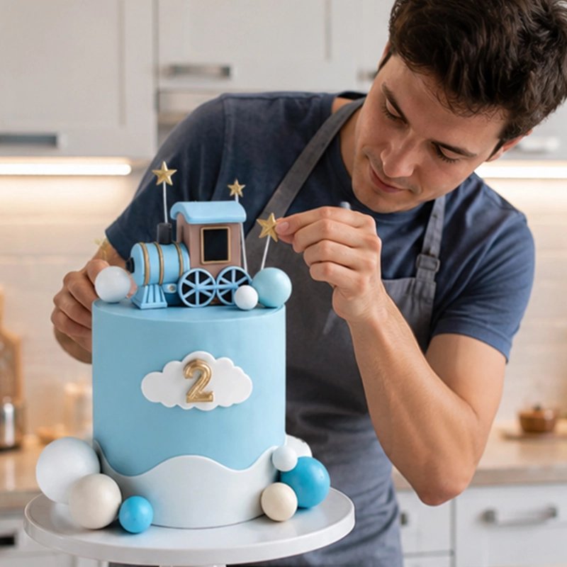 Décoration gateau anniversaire bleue avec des étoiles dorées