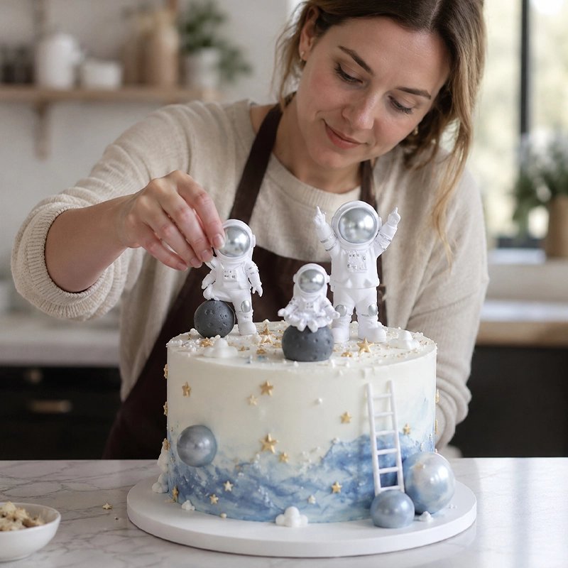 Décoration gateau anniversaire. Femme met trois figurines d'astronautes  argentées