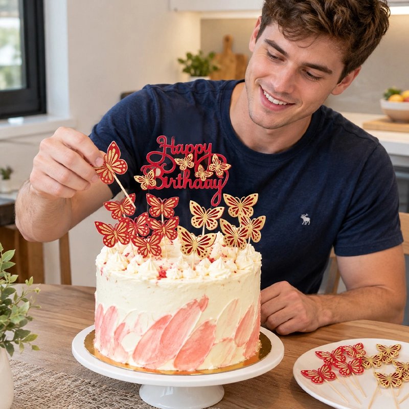 Décoration gateau anniversaire   Homme décore gâteau avec motif papillon rouge