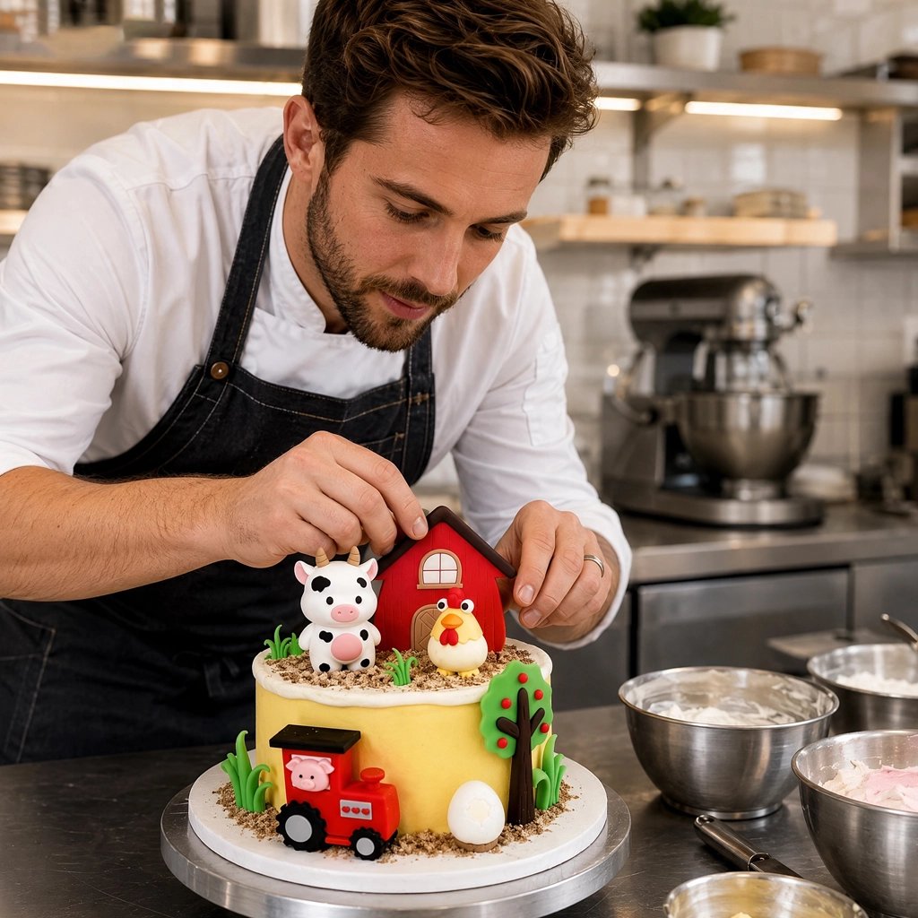 Décoration gateau anniversaire  Homme décore gâteau avec différents motifs