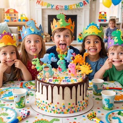 Décoration gateau anniversaire. Les enfants grimacent devant gâteau