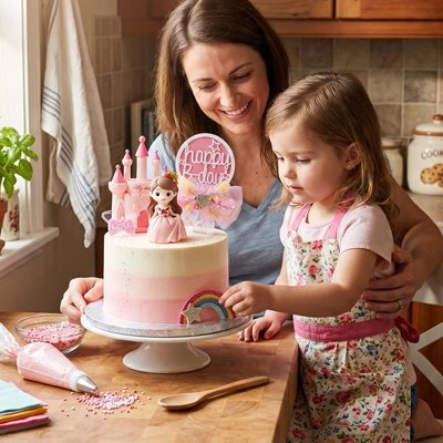     Décoration gateau anniversaire. Maman et sa fille devant gâteau