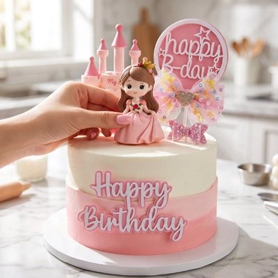 Décoration gateau anniversaire  motif fille inscription happy birthday