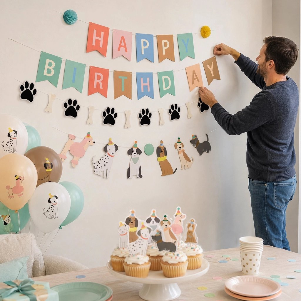 Décoration gateau anniversaire  papa décore  mur avec  banderole Happy birthday