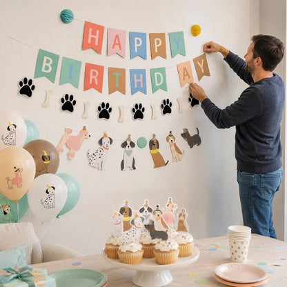 Décoration gateau anniversaire  papa décore  mur avec  banderole Happy birthday