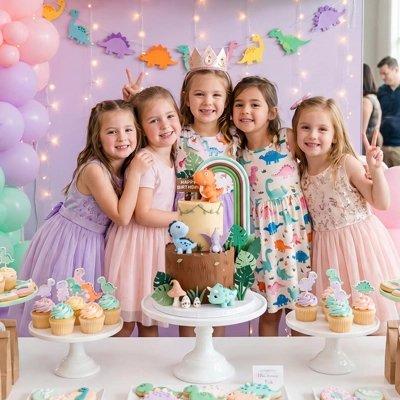 Décoration gateau anniversaire.Jeunes filles rassemblées autour de gâteau