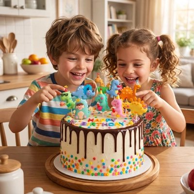  Décoration gateau anniversaire.Les enfants sourient devant gâteau