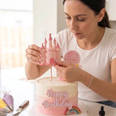 Décoration gateau anniversaire.Maman décore gâteau