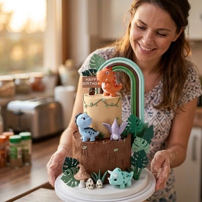 Décoration gateau anniversaire.,Maman tient  gâteau en souriant