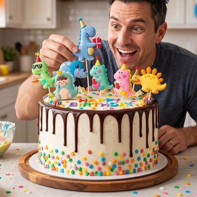 Décoration gateau anniversaire.papa décore gâteau avec dinosaure