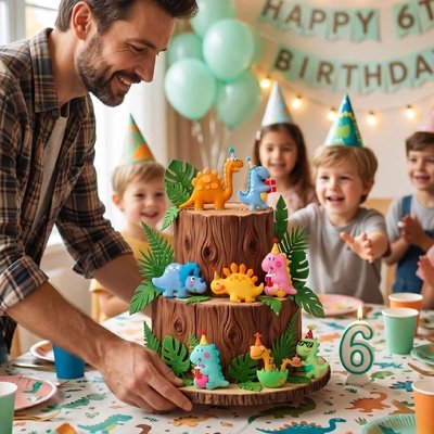 Décoration gateau anniversaire.Papa met  gâteau devant les enfants