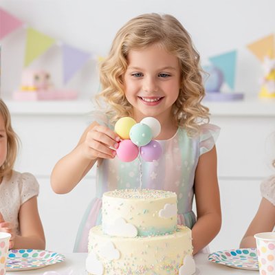 Décoration gateau par fille avec ballons multicolores