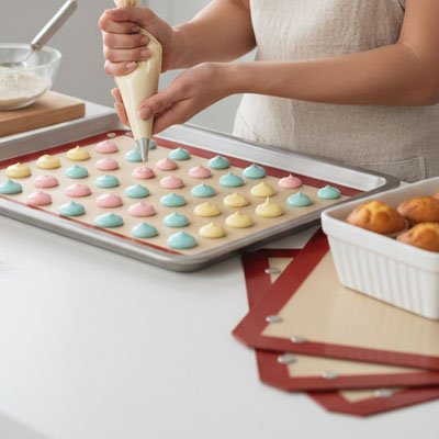 Différentes couleurs macarons cuits avec Tapis de cuisson 