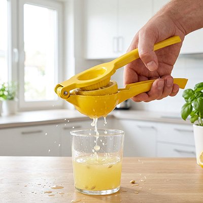Extraction  jus citron avec Presse agrumes jaune