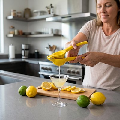  Extraction jus citron dans verre avec Presse agrumes jaune