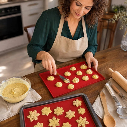 Façonnage de petits biscuits sur Tapis de cuisson rouge
