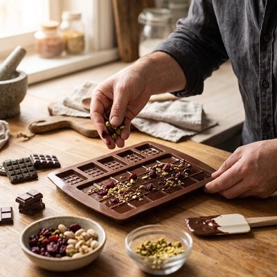 Garnitures fruits secs sur chocolat dans Moule tablette chocolat