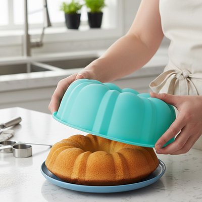 Gâteau sorti de four avec Moule a gateau bleu