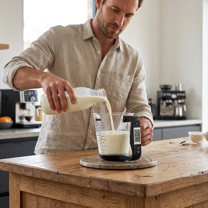 Mise du lait dans  Verre doseur noir