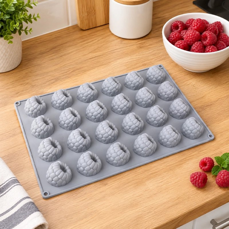 Moule silicone en forme de framboise déposé sur comptoir