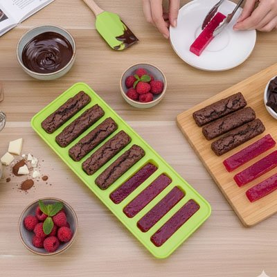  Multiples barres de chocolatet gélées de fruis faits avec  Moule silicone vert et jaune 
