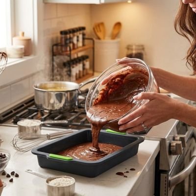  pâte chocolat  versée dans  Moule rectangulaire silicone