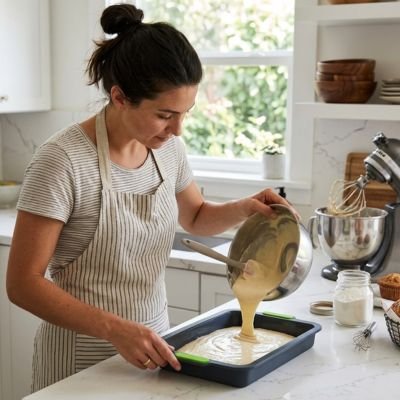 Pâte  gâteau blanche verée  dans Moule rectangulaire silicone