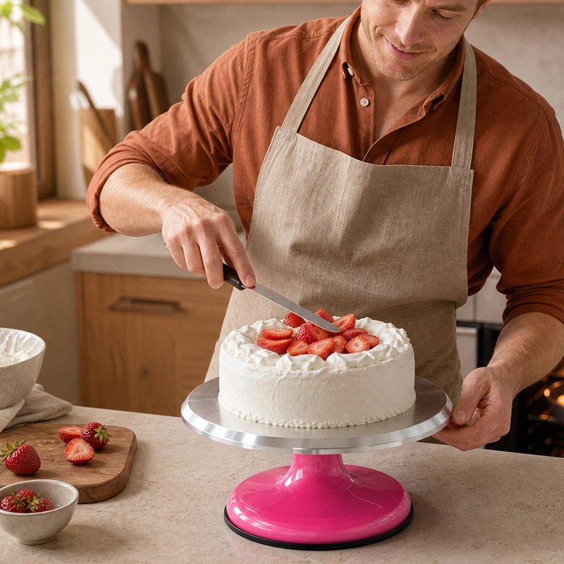 Plateau patisserie tournant​  Homme décore gâteau avec fraises