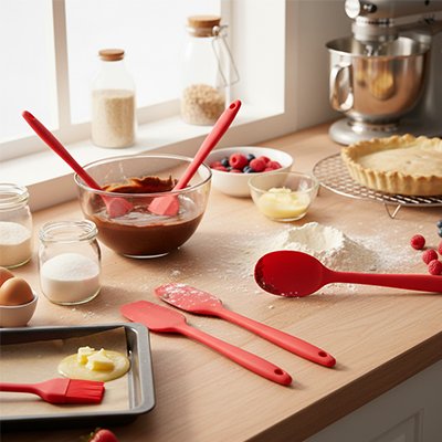 Préparatif de la pâte chocolatée dans un saladier en verre avec 2 patules Cuisine  rouges