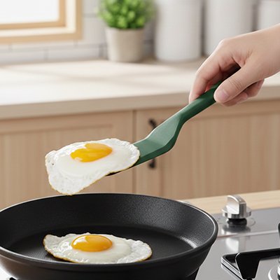 Préparation omelette avec Spatule en silicone​ verte