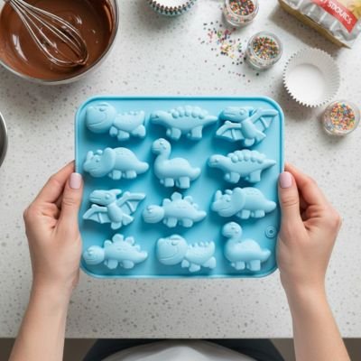  Présentation de Moule silicone bleu avec motifs dinosaures  pour la préparation de chocolat