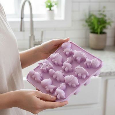Présentation de Moule silicone mauve avec motifs dinosaures