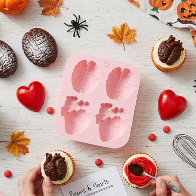 Présentation  Moules en silicone  avec motifs coeur et cerveau