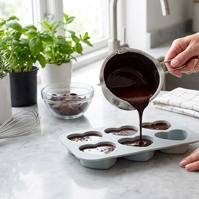 Remplisage Moules en silicone verte menthe acec pâte chocolat
