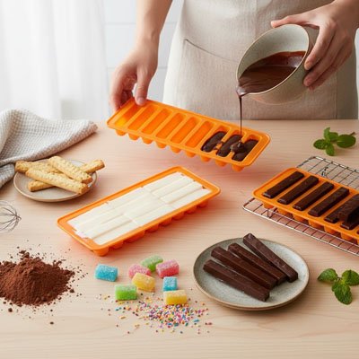  Remplissage de Moule silicone jaune avec les pâtes de chocolat et biscuit