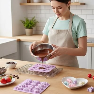 Remplissage de Moule silicone  mauve avec de pâte au chocolat