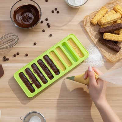Remplissage de Moule silicone vert avec pâtes de chocolat et biscuit 